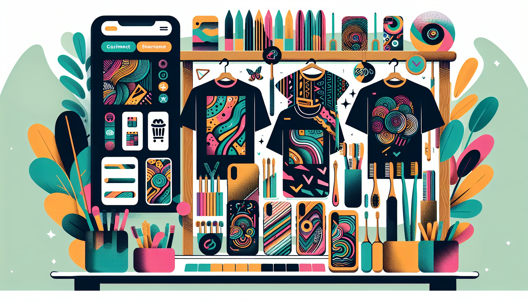 Illustration of an online store with various custom products